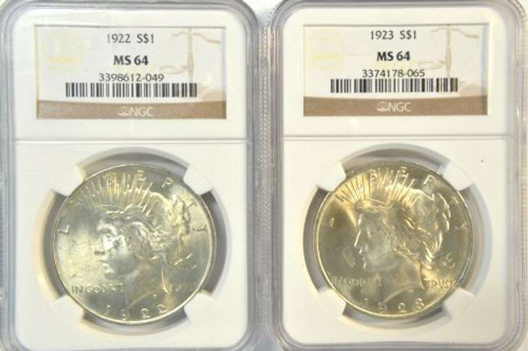 Near Gem BU 1922 & 1923 Peace Silver Dollars. NGC MS64
