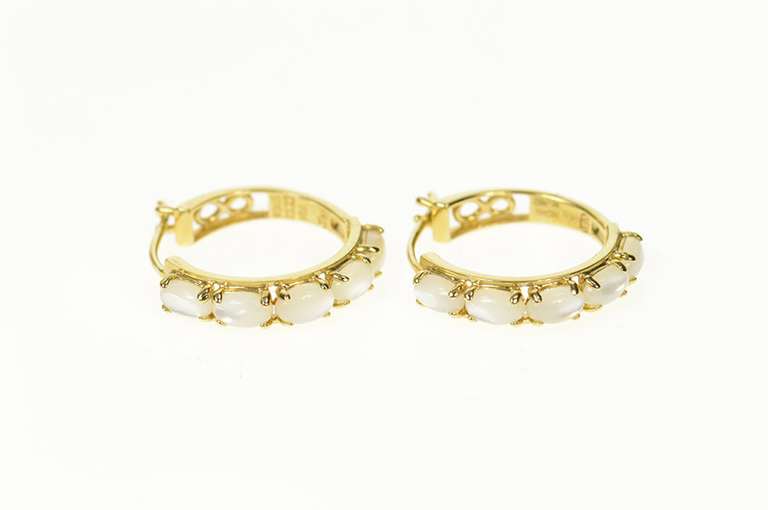 14K Yellow Gold Mother of Pearl Cabochon Statement Hoop Earrings