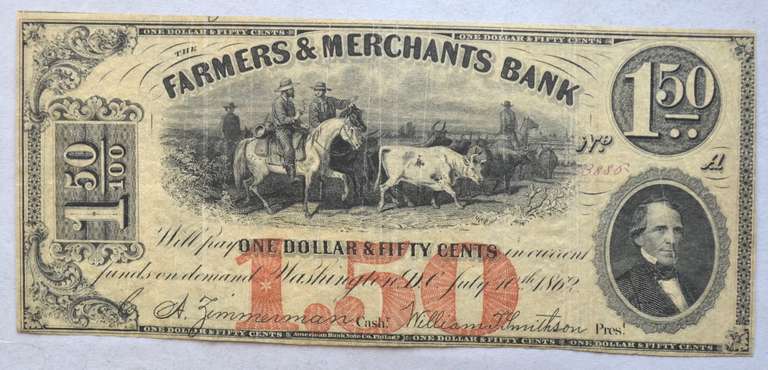 $1.50 July 10 1862 Farmers &Merchants Bank Wasington DC Note