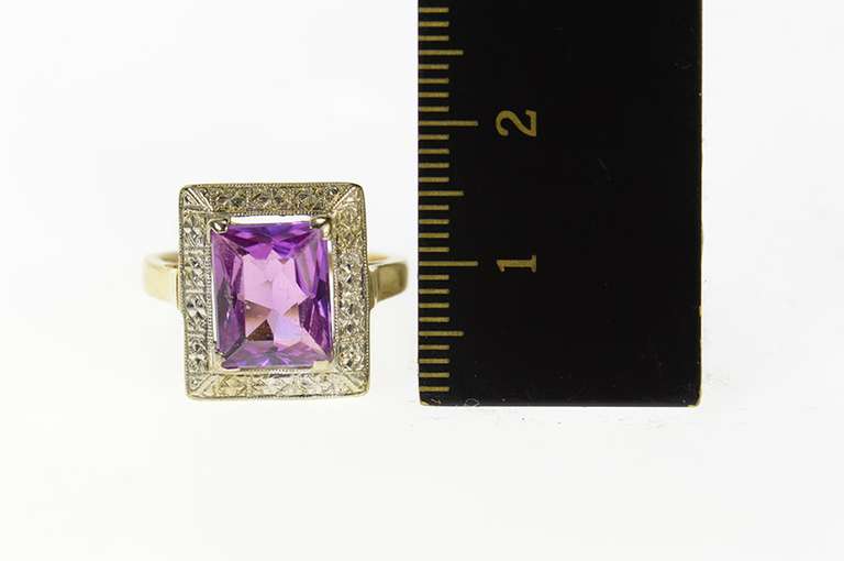 14K Yellow Gold Emerald Cut Syn. Amethyst Art Deco Etched Ring