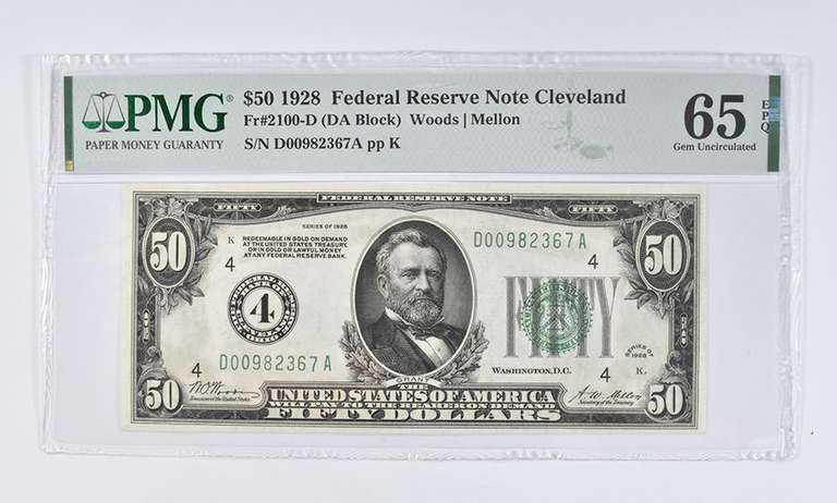 1928 $50 Fed. Res. Note Cleveland, OH (DA Block) - PMG 65 EPQ Gem UNC