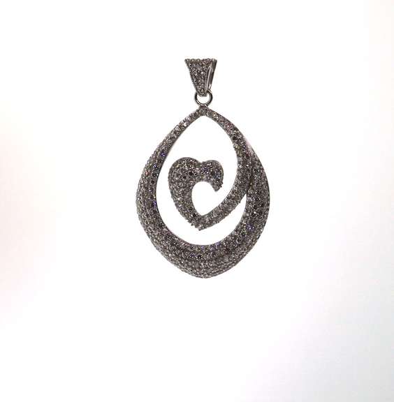 Large Sterling Silver Tear Drop Pendant with Heart Shaped Pattern and Cubic Zirconias