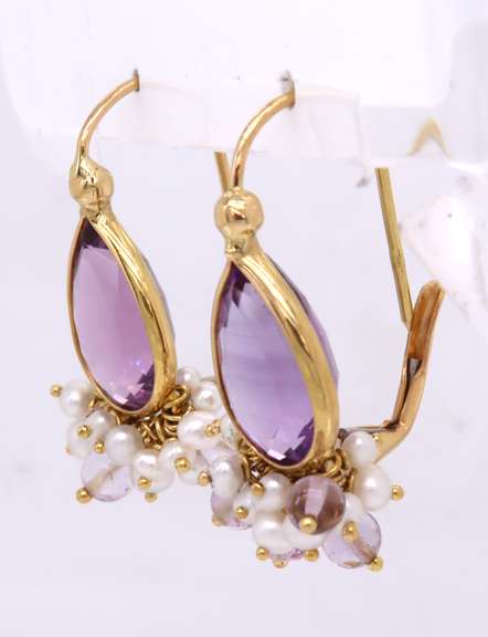 Goregous Pear Amethyst and Dangle Pearl Earrings