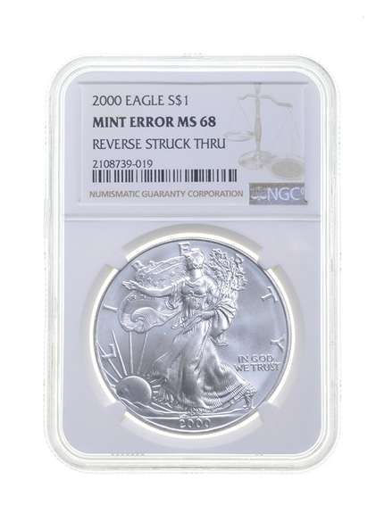 MS68 MINT ERROR 2000 American Silver Eagle - REV Struck Thru - NGC