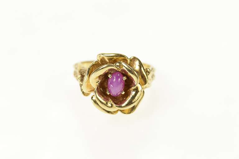 14K Yellow Gold Oval Pink Syn. Star Sapphire Flower Rose Ring