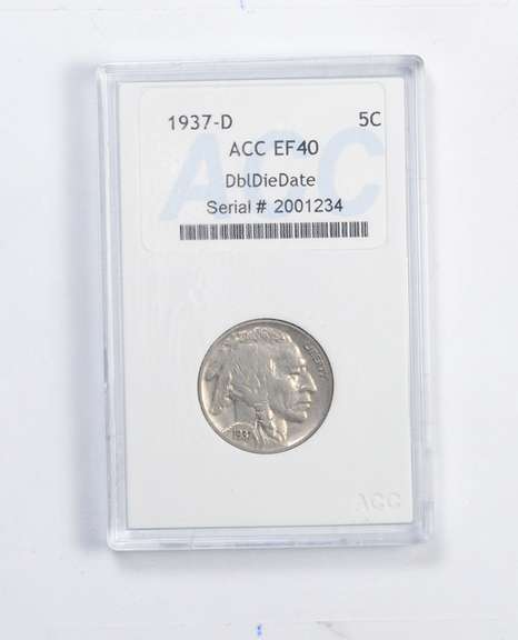 EF40 1937-D Indian Head Buffalo Nickel - Double Die Date - Graded ACC