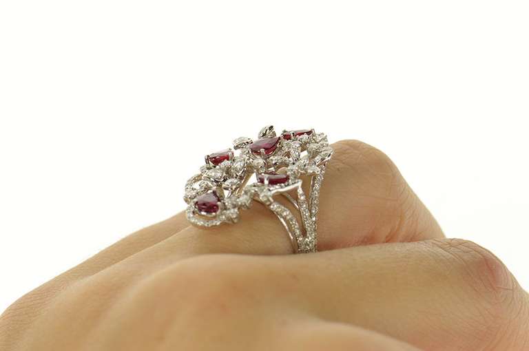 18K White Gold Pear Syn. Ruby 2.00 Ctw Diamond Cocktail Ring