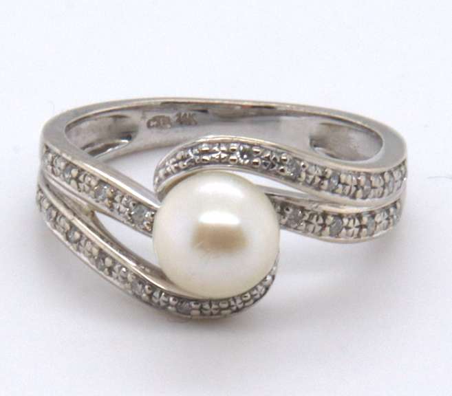 Elegant White Gold Crossover Pearl and Diamond Ring