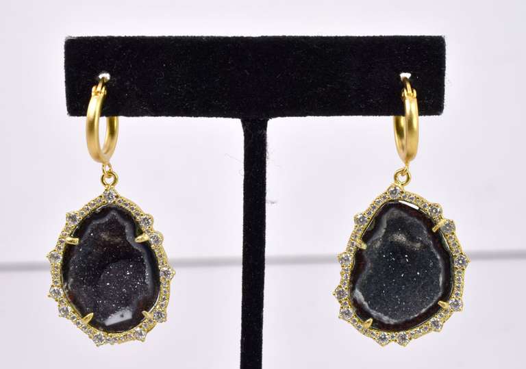 Incredibly Handcrafted Yellow Gold Plated Sterling Silver Earrings with Black Geode Formation
