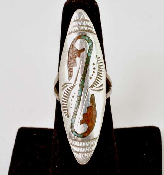 Jonnie Frank Navajo Native American Sterling Silver Ring With Turquoise And Coral.