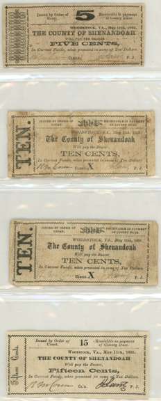 4 Diff. 1863 County of Shenandoah, Woodstock Virginia notes