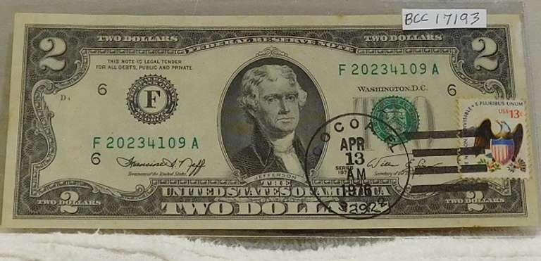 1976 $2 Fed Res Note Postal Cert, First Day Issue