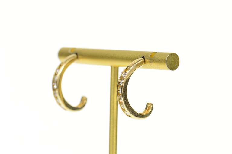 14K Yellow Gold Classic Diamond Channel Semi Hoop Earrings