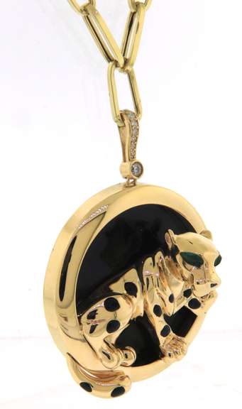 Intoxicating Handmade Italian 14k Gold Cable Chain Necklace with Pop Out Spotted Panther again Black Onyx