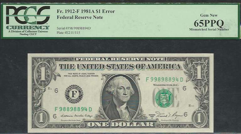 $1 1981-A Mismatch 98/99 serial number PCGS GEM NEW 65 PPQ