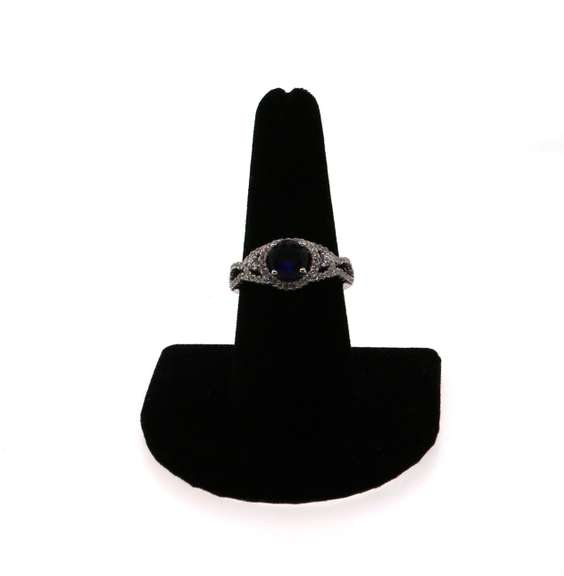 Sterling Silver Bridal Set Ring with Deep Ocean Blue Gemstone and Cubic Zirconias