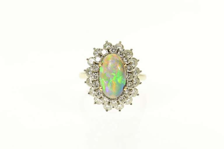 14K Yellow Gold 1940's Natural Opal 1.92 Ctw Diamond Halo Ring