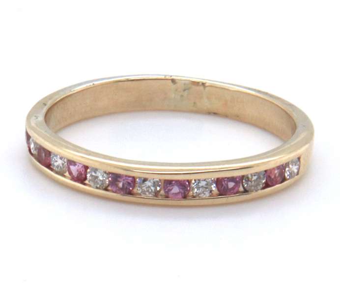 Charming Yellow Gold Pink Sapphire and Diamond Channel Set Band