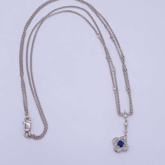 14kt White Gold, Blue Sapphire, & Diamond Necklace
