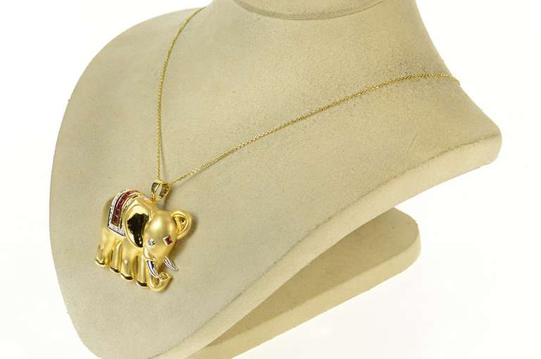 18K Yellow Gold 1.67 Ctw Ruby Diamond Ornate Elephant Pendant