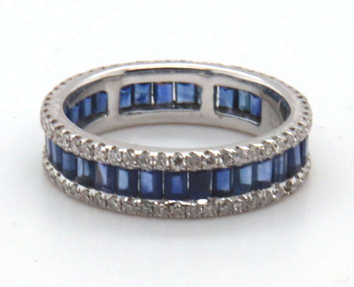 18k Stamped White Gold Sapphire Eternity Band rimmed with Diamonds