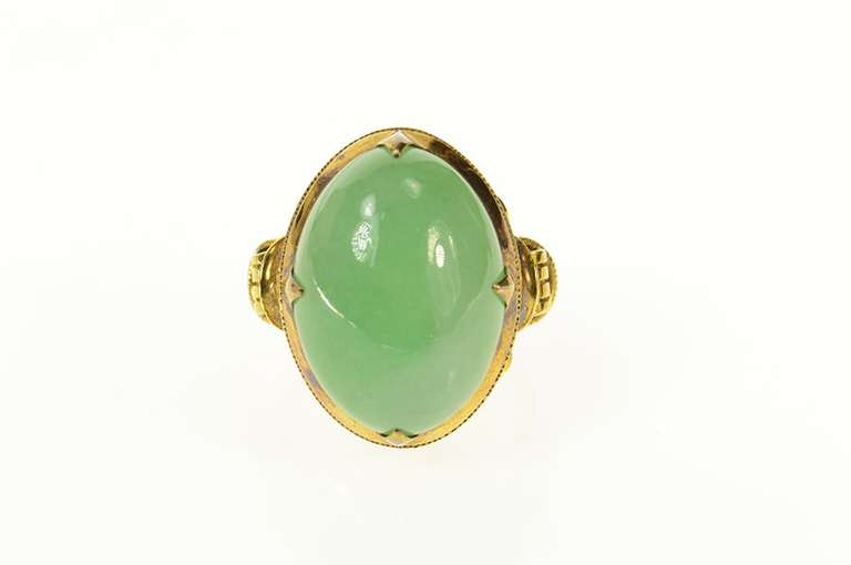 14K Yellow Gold Chinese Oval Jade Ornate Statement Cocktail Ring