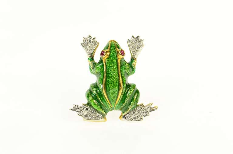 18K Yellow Gold 0.56 Ctw Diamond Ruby Eye Green Enamel Frog Pin/Brooch