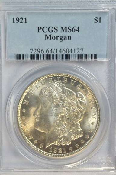 Virtual Gem BU 1921 Morgan Silver Dollar. PCGS MS64