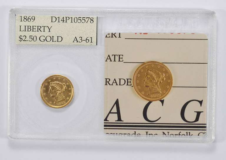 A3-61 1869 $2.50 Liberty Head Gold Quarter Eagle - Accugrade Graded