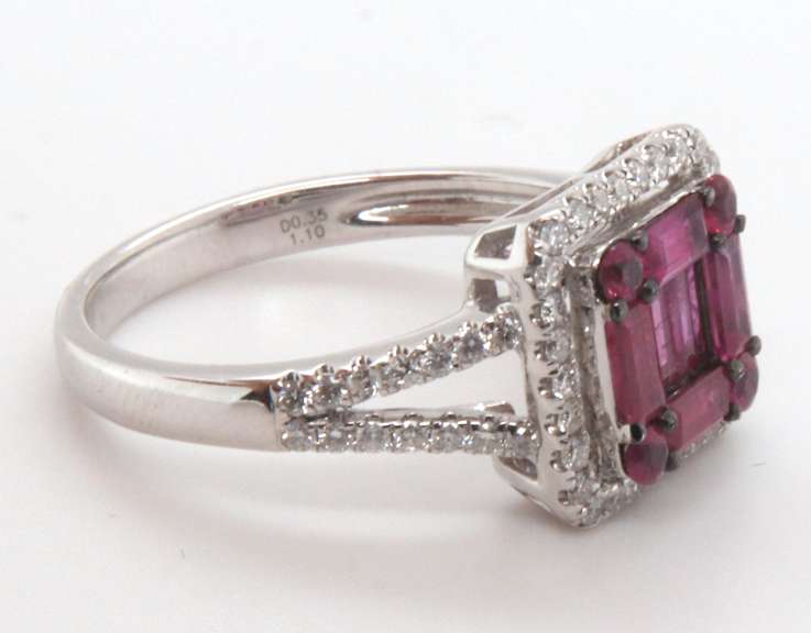 Brilliant 18k Stamped White Gold Square Cluster Ruby Ring with Sparkling Diamonds