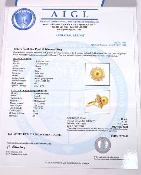 Luxurious Golden Pearl and Diamond Ring in 14K Yellow Gold