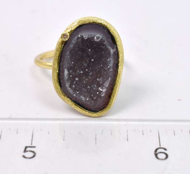 Glamorous Geode Formation Set in Yellow Gold Plated Sterling Silver Ring with Diamond Accent