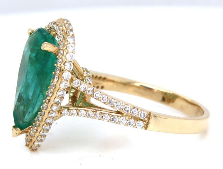 Glowing Yellow Gold Pear Cut Emerald w PAve Halo Ring w Split Shank Diamonds