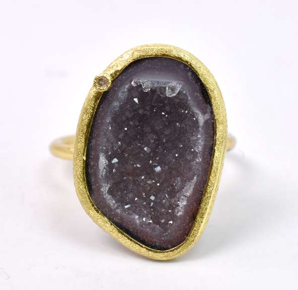 Glamorous Geode Formation Set in Yellow Gold Plated Sterling Silver Ring with Diamond Accent