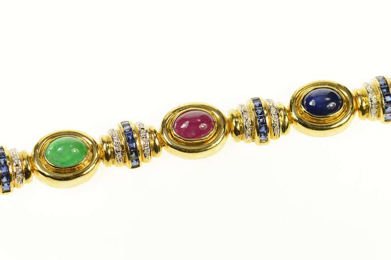 18K Yellow Gold Oval Sapphire Diamond Emerald Statement Bracelet