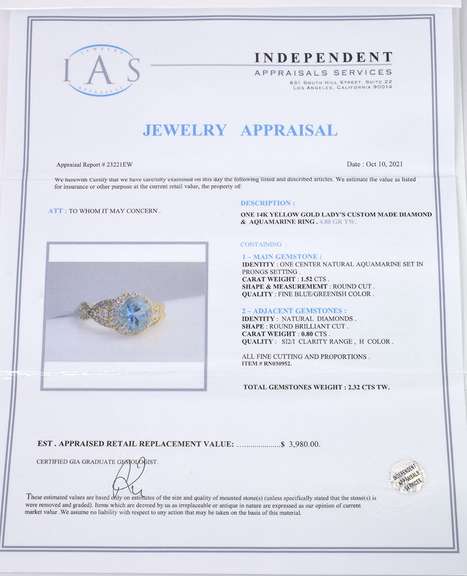 Ravishing 14K Yellow Gold Lady's Ring with Aquamarine and Diamonds.