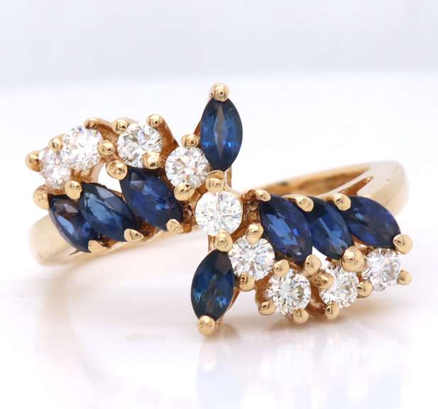Powerful Marquise Sapphire and Diamond Bypass Ring