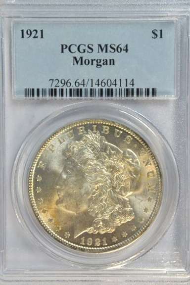 Nearly Gem BU 1921 Morgan Silver Dollar. PCGS MS64