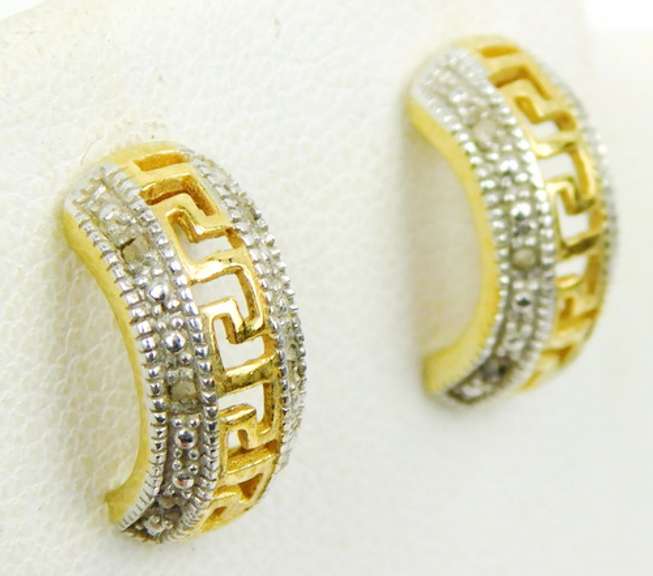 Sterling Greek Key & Diamonds Semi Hoop Earrings