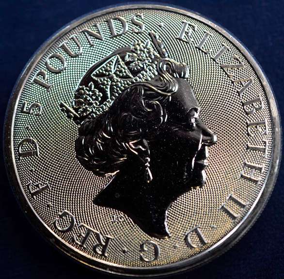 2020 White Lion Of Mortimer 5 Pound Queens Beast 2oz .999 Silver Coin.