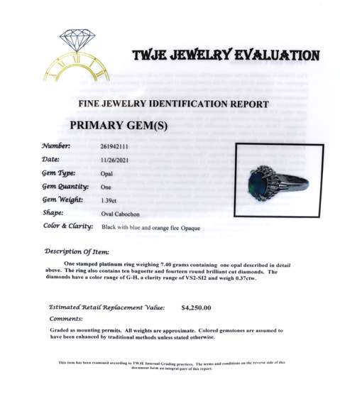 Handsome Oval Black Opal and Baguette Diamond Halo Ring