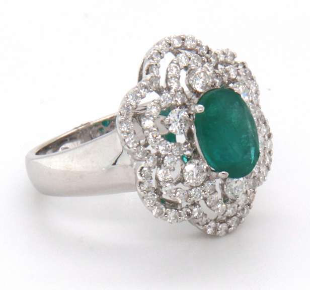 Authentic 18k Stamped White Gold Emerald and Diamond Floral Ring