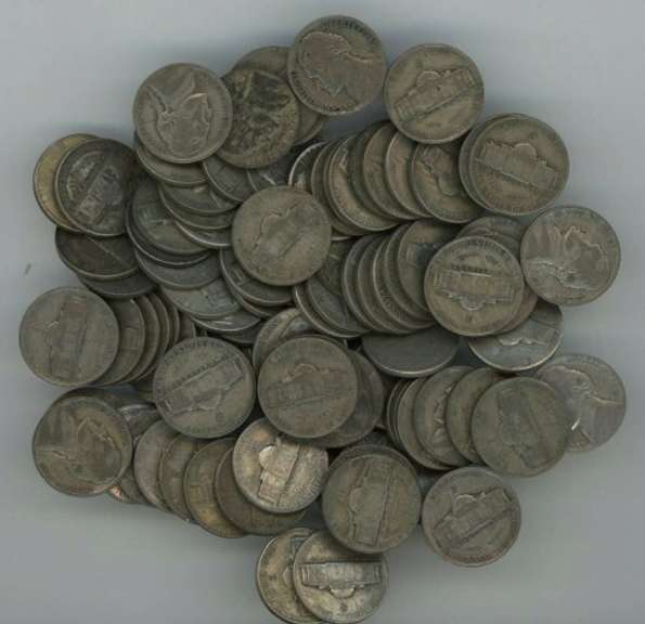 Lot of 100 Silver War Nickels: 1942-1945