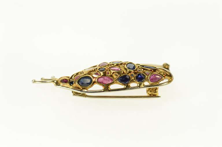 14K Yellow Gold Sapphire Ruby Encrusted Swan Statement Pin/Brooch