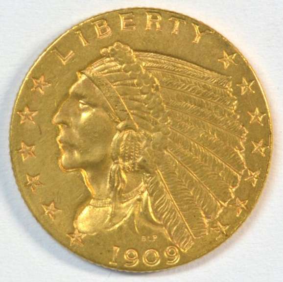 Lovely BU 1909 US $2.50 Indian Gold Piece. Pretty