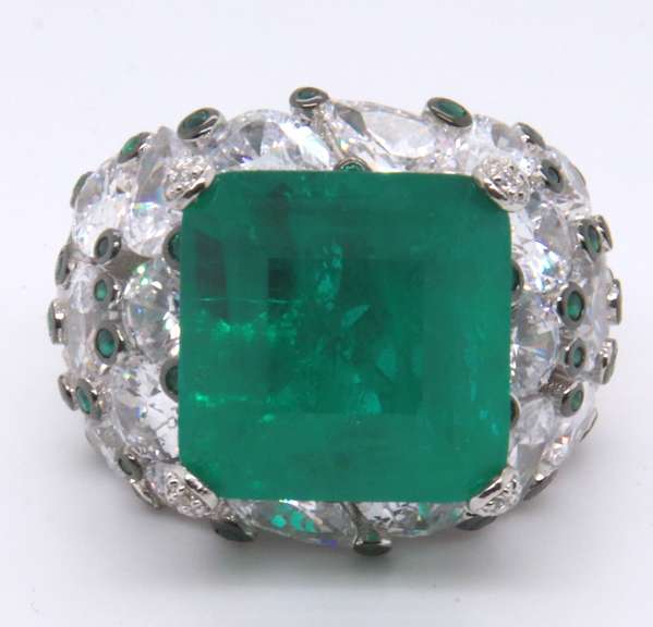 Green Emerald and CZ Sterling Silver Ring