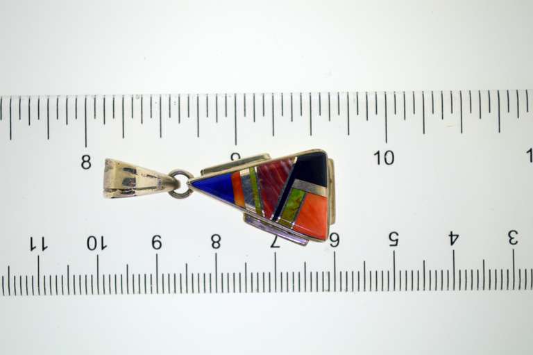 Sterling Silver Signed A. Lewis Inlay Mixed Gemstone Pendant