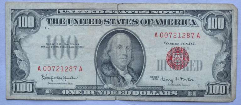 $ 100 1966 Fowler Red Seal US Note