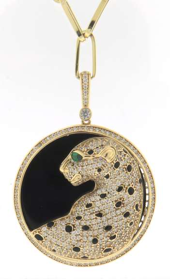 Enrapturing Handmade Italian 14k Gold Cable Chain Necklace with Onyx Pendant and Spotted Panther with Cubic Zirconias