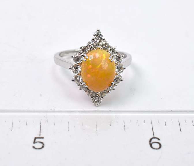 Immaculate Orange Opal Set in 18K White Gold Ring with Diamonds